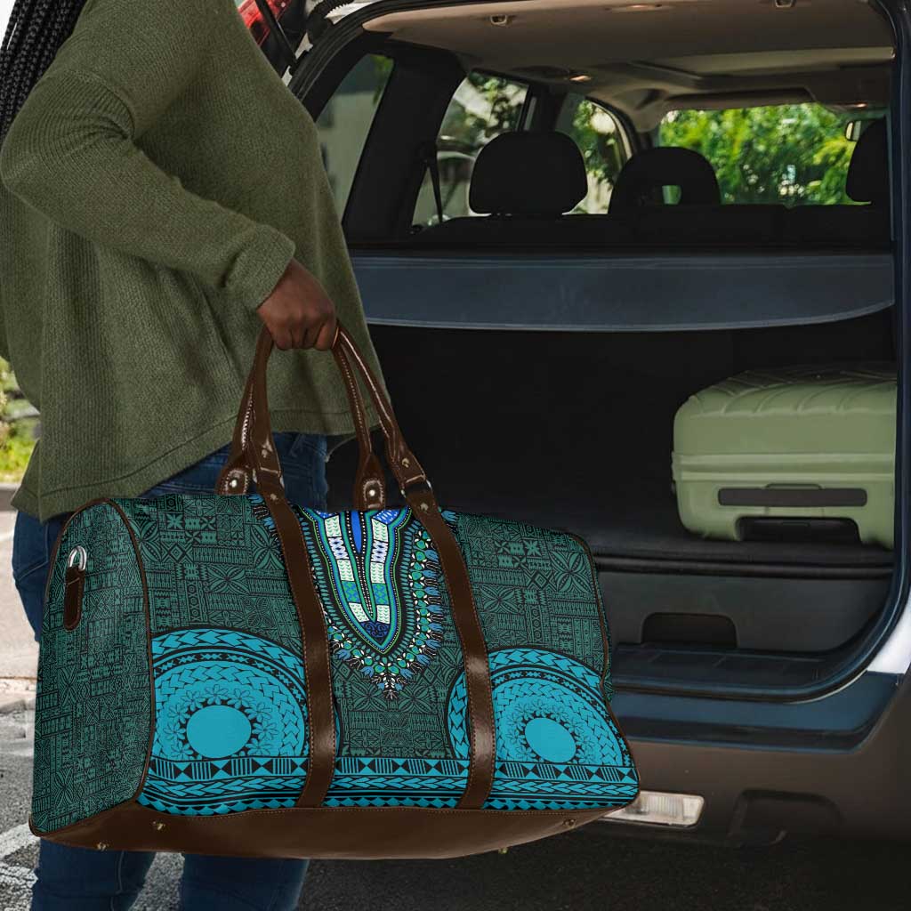 Teal Dashiki and Tapa Pattern Travel Bag Africa-Polynesia Together Culture