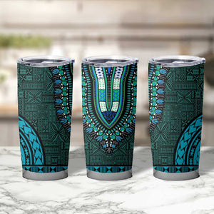 Teal Dashiki and Tapa Pattern Tumbler Cup Africa-Polynesia Together Culture