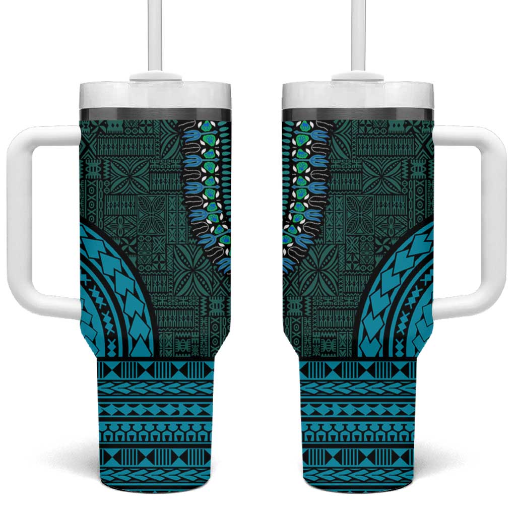 Teal Dashiki and Tapa Pattern Tumbler With Handle Africa-Polynesia Together Culture