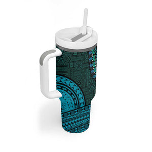 Teal Dashiki and Tapa Pattern Tumbler With Handle Africa-Polynesia Together Culture