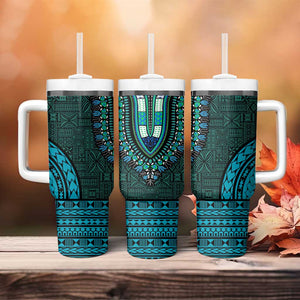 Teal Dashiki and Tapa Pattern Tumbler With Handle Africa-Polynesia Together Culture