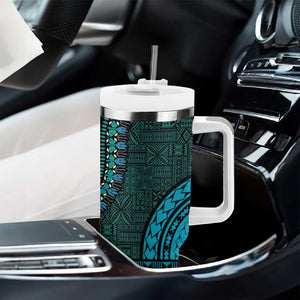 Teal Dashiki and Tapa Pattern Tumbler With Handle Africa-Polynesia Together Culture