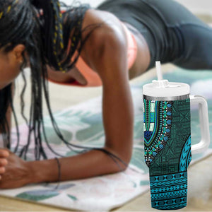 Teal Dashiki and Tapa Pattern Tumbler With Handle Africa-Polynesia Together Culture