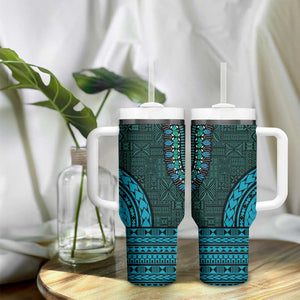 Teal Dashiki and Tapa Pattern Tumbler With Handle Africa-Polynesia Together Culture