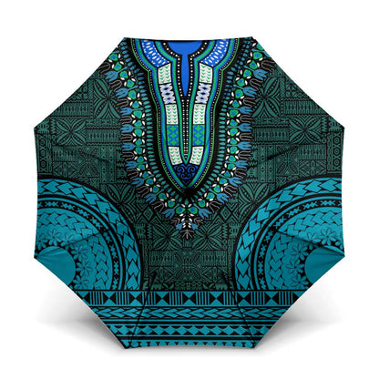 Teal Dashiki and Tapa Pattern Umbrella Africa-Polynesia Together Culture