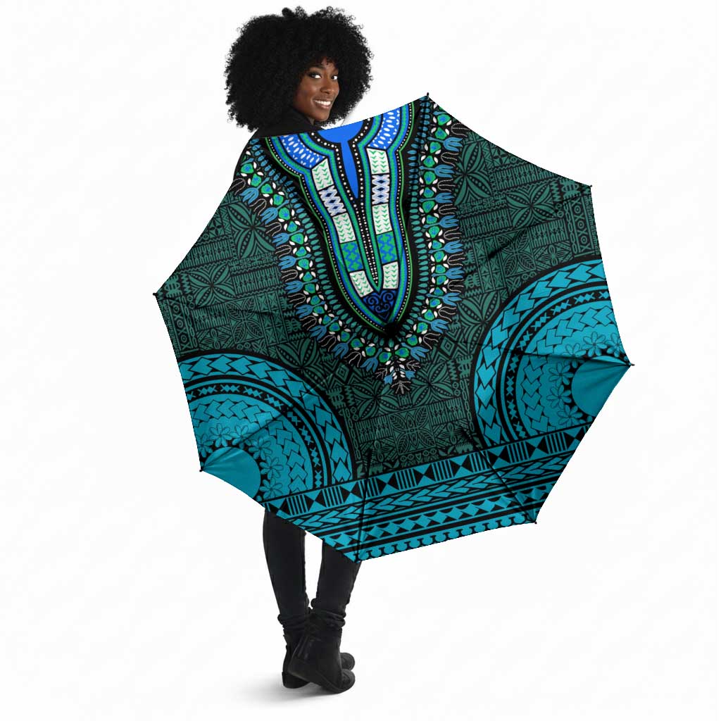 Teal Dashiki and Tapa Pattern Umbrella Africa-Polynesia Together Culture