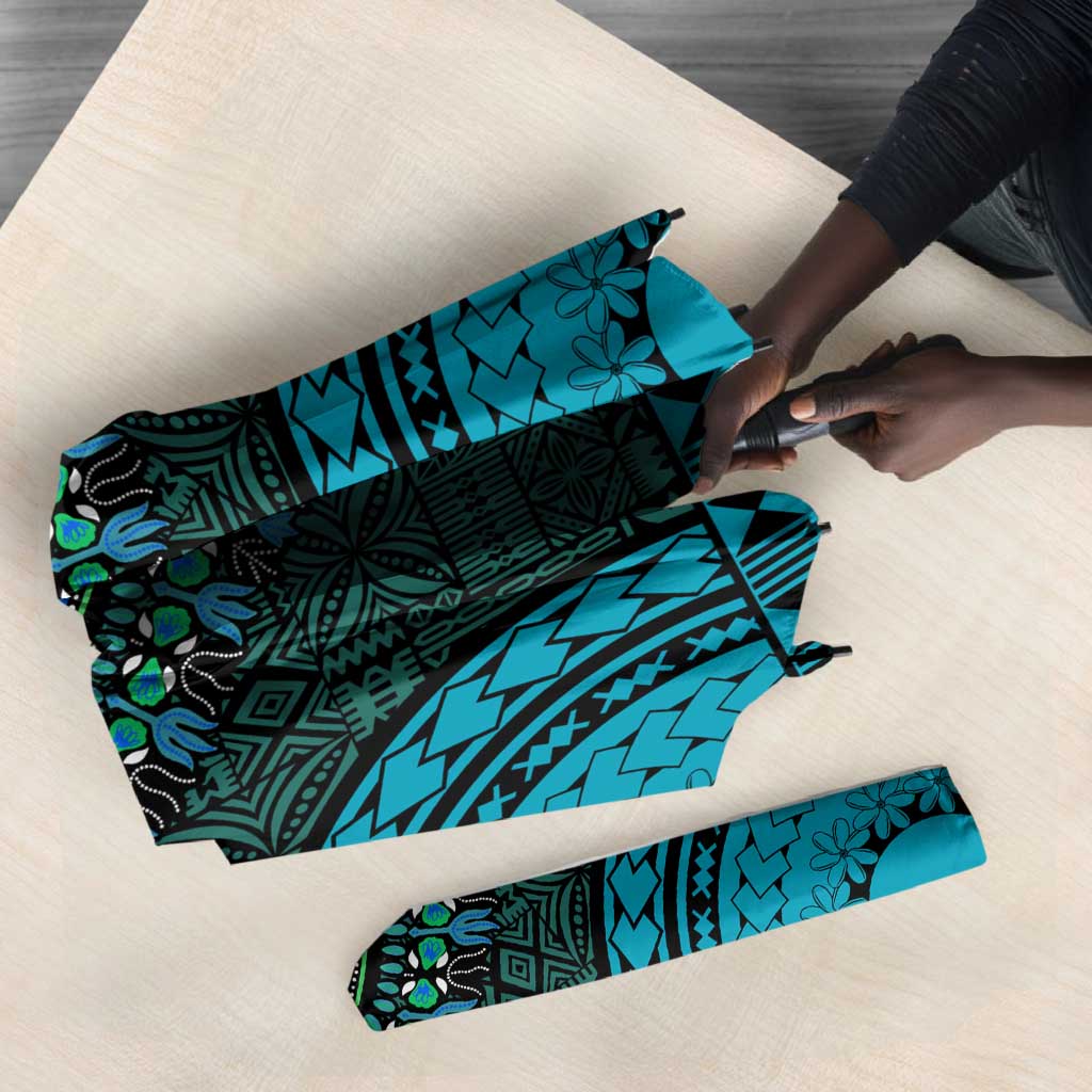 Teal Dashiki and Tapa Pattern Umbrella Africa-Polynesia Together Culture
