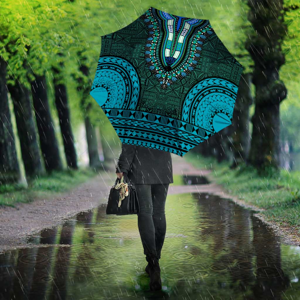 Teal Dashiki and Tapa Pattern Umbrella Africa-Polynesia Together Culture