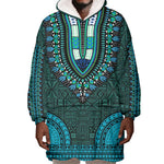 Teal Dashiki and Tapa Pattern Wearable Blanket Hoodie Africa-Polynesia Together Culture