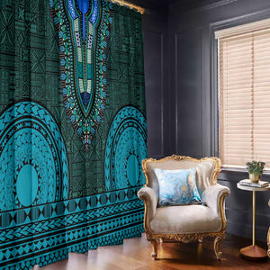 Teal Dashiki and Tapa Pattern Window Curtain Africa-Polynesia Together Culture