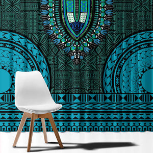 Teal Dashiki and Tapa Pattern Window Curtain Africa-Polynesia Together Culture