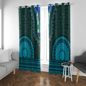 Teal Dashiki and Tapa Pattern Window Curtain Africa-Polynesia Together Culture