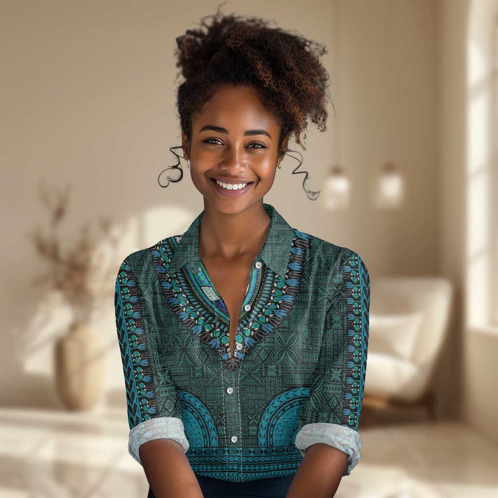 Teal Dashiki and Tapa Pattern Women Casual Shirt Africa-Polynesia Together Culture