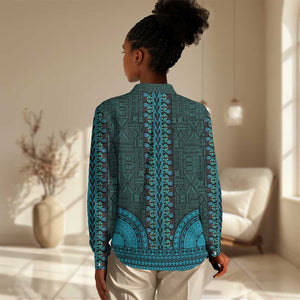 Teal Dashiki and Tapa Pattern Women Casual Shirt Africa-Polynesia Together Culture