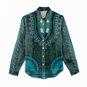 Teal Dashiki and Tapa Pattern Women Casual Shirt Africa-Polynesia Together Culture