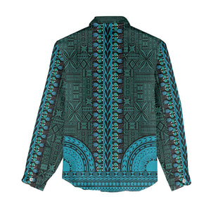 Teal Dashiki and Tapa Pattern Women Casual Shirt Africa-Polynesia Together Culture