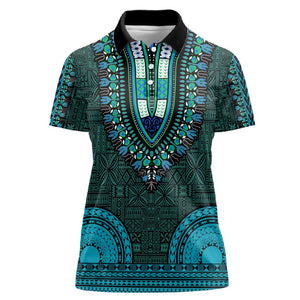 Teal Dashiki and Tapa Pattern Women Polo Shirt Africa-Polynesia Together Culture