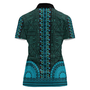 Teal Dashiki and Tapa Pattern Women Polo Shirt Africa-Polynesia Together Culture