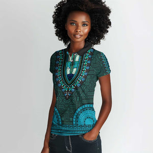 Teal Dashiki and Tapa Pattern Women Polo Shirt Africa-Polynesia Together Culture