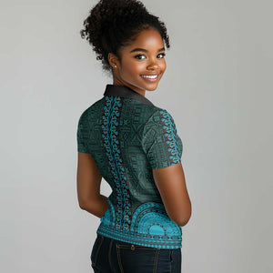 Teal Dashiki and Tapa Pattern Women Polo Shirt Africa-Polynesia Together Culture