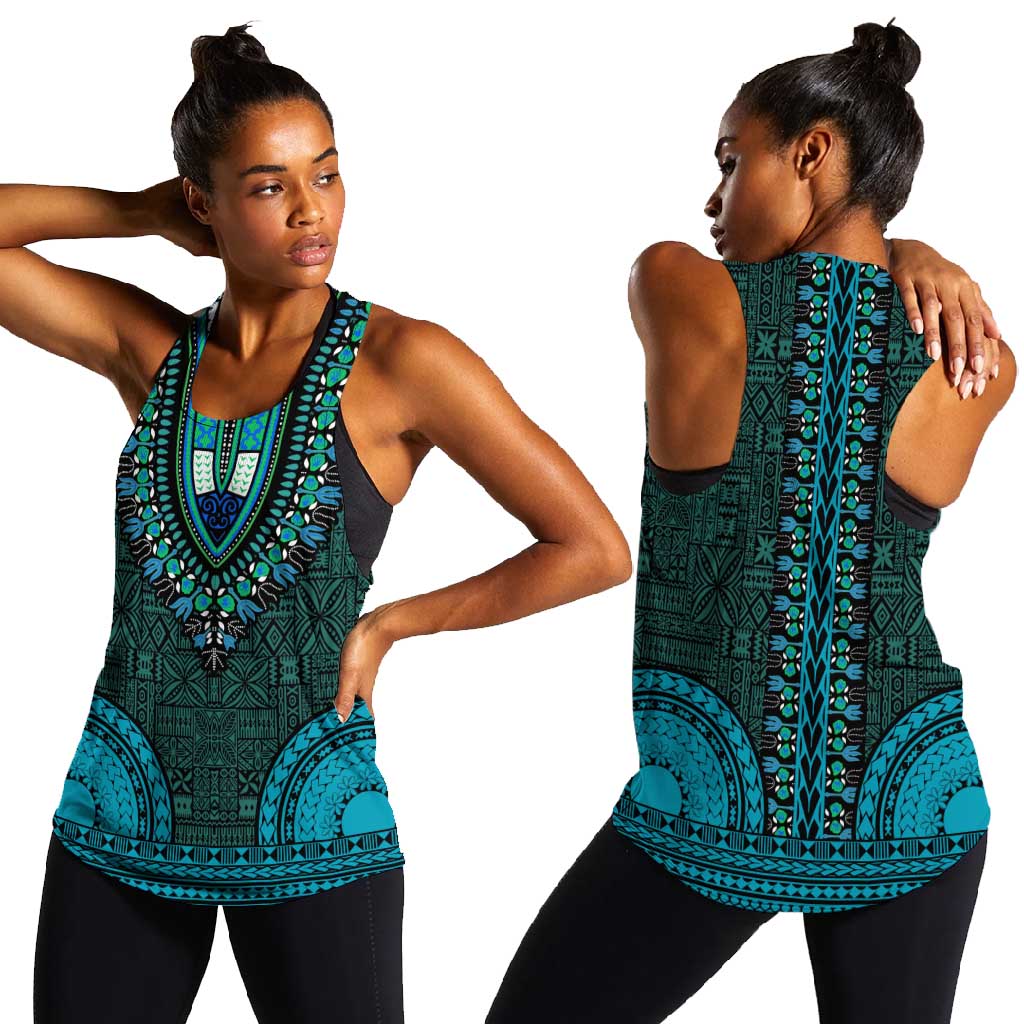 Teal Dashiki and Tapa Pattern Women Racerback Tank Africa-Polynesia Together Culture