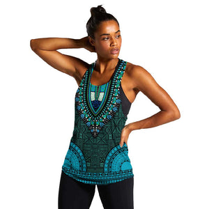 Teal Dashiki and Tapa Pattern Women Racerback Tank Africa-Polynesia Together Culture