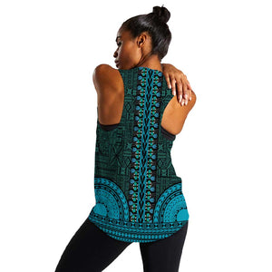 Teal Dashiki and Tapa Pattern Women Racerback Tank Africa-Polynesia Together Culture