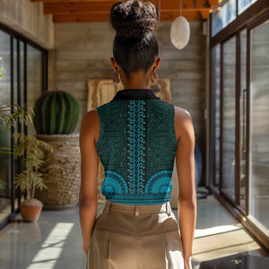 Teal Dashiki and Tapa Pattern Women Sleeveless Polo Shirt Africa-Polynesia Together Culture