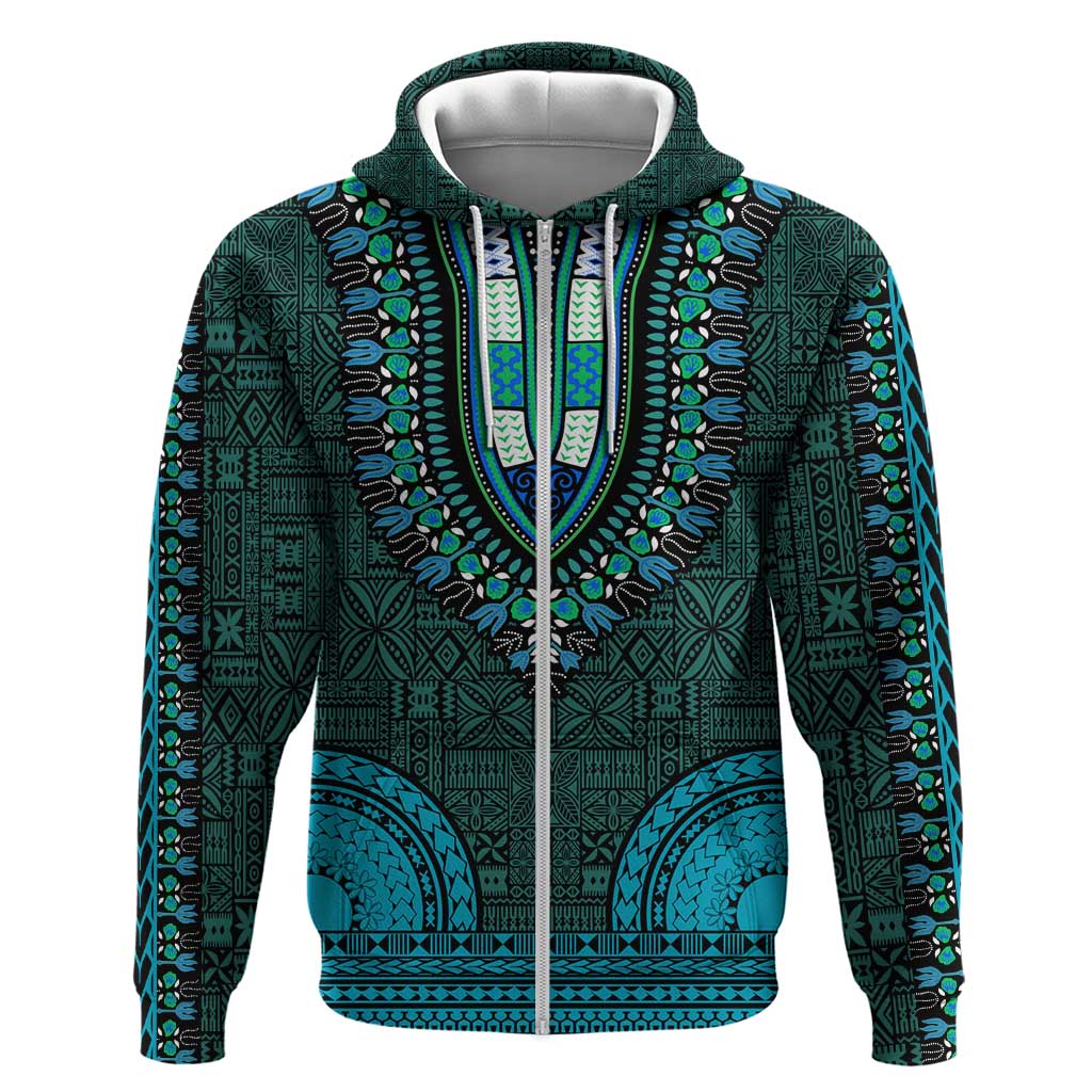 Teal Dashiki and Tapa Pattern Zip Hoodie Africa-Polynesia Together Culture