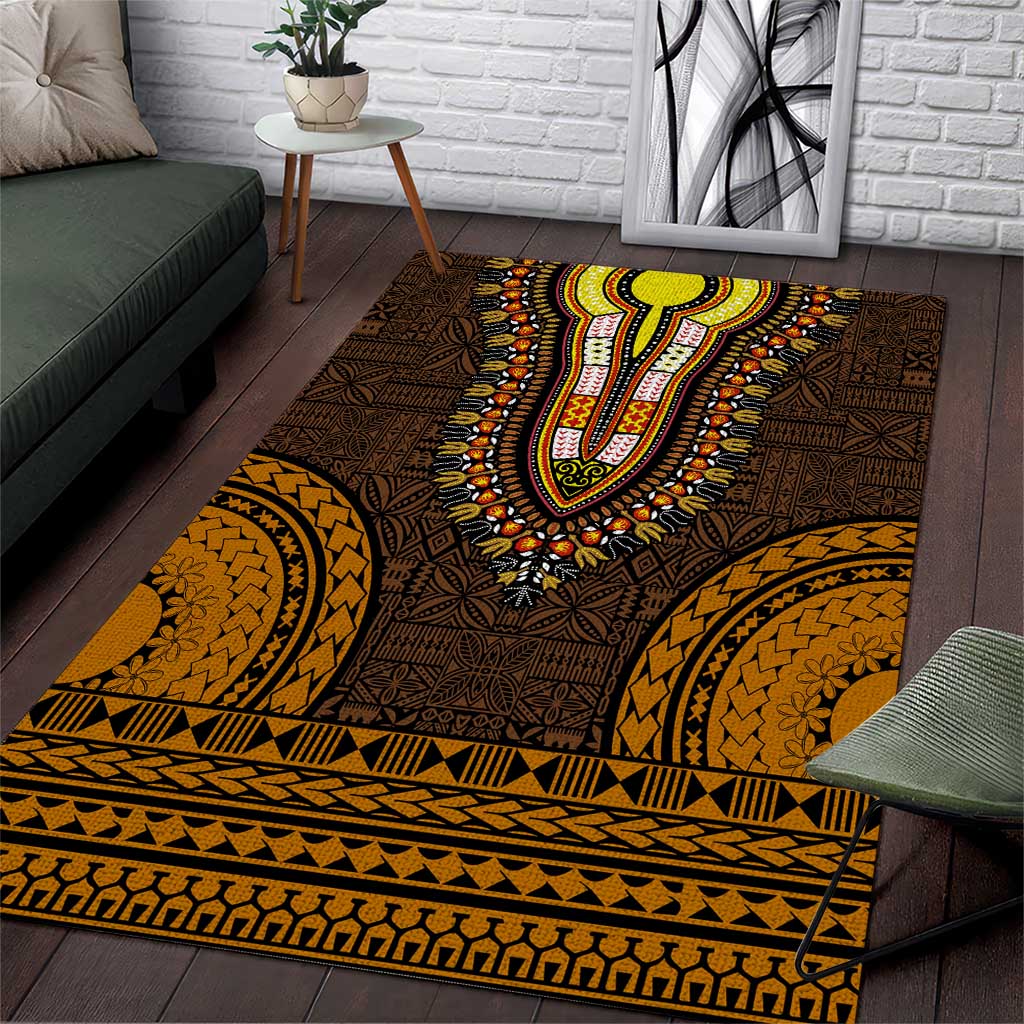 Gold Dashiki and Tapa Pattern Area Rug Africa-Polynesia Together Culture