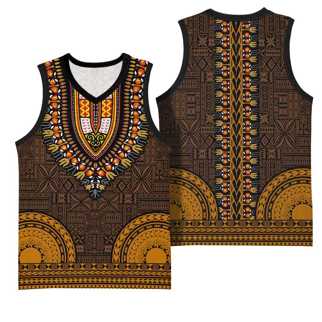 Gold Dashiki and Tapa Pattern Basketball Jersey Africa-Polynesia Together Culture LT9