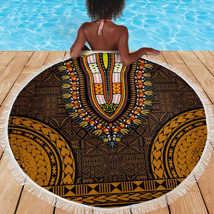 Gold Dashiki and Tapa Pattern Beach Blanket Africa-Polynesia Together Culture