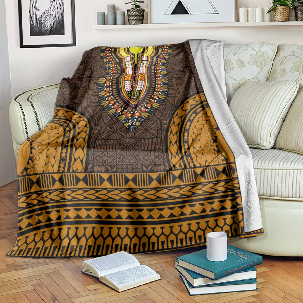 Gold Dashiki and Tapa Pattern Blanket Africa-Polynesia Together Culture