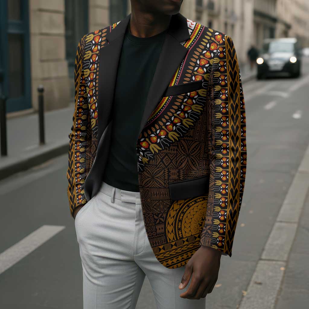 Gold Dashiki and Tapa Pattern Blazer Africa-Polynesia Together Culture