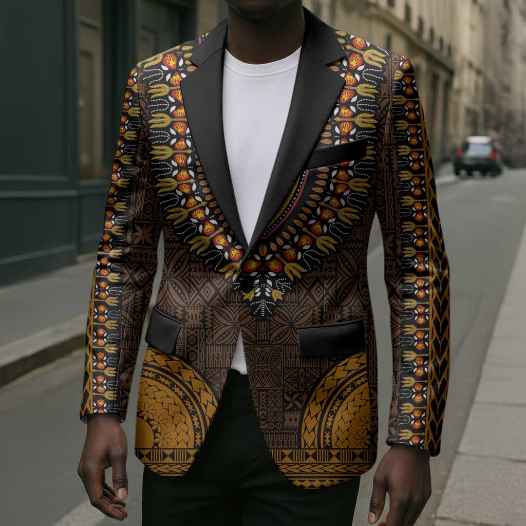Gold Dashiki and Tapa Pattern Blazer Africa-Polynesia Together Culture