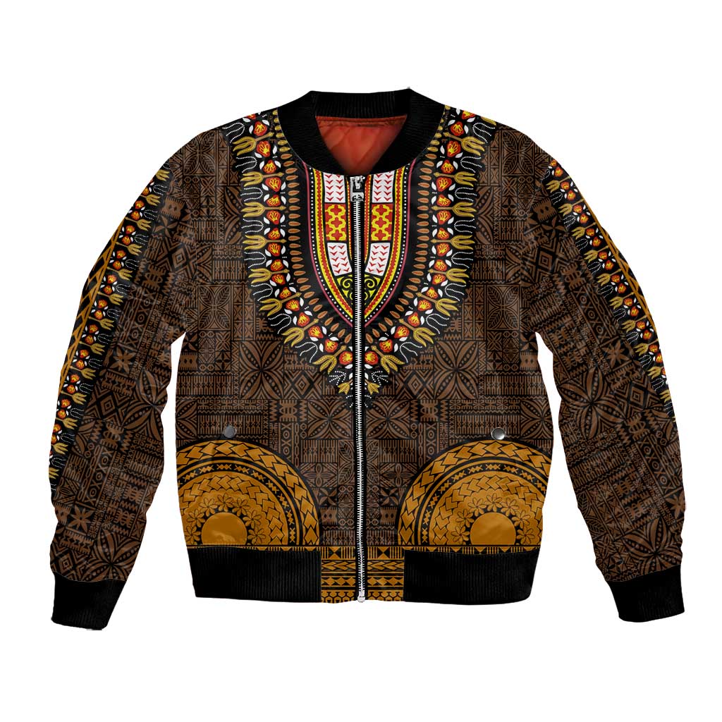 Gold Dashiki and Tapa Pattern Bomber Jacket Africa-Polynesia Together Culture