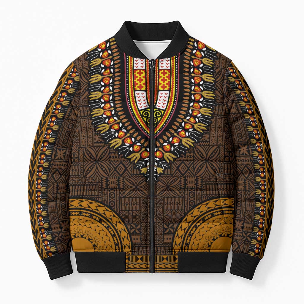 Gold Dashiki and Tapa Pattern Bomber Puffer Jacket Africa-Polynesia Together Culture