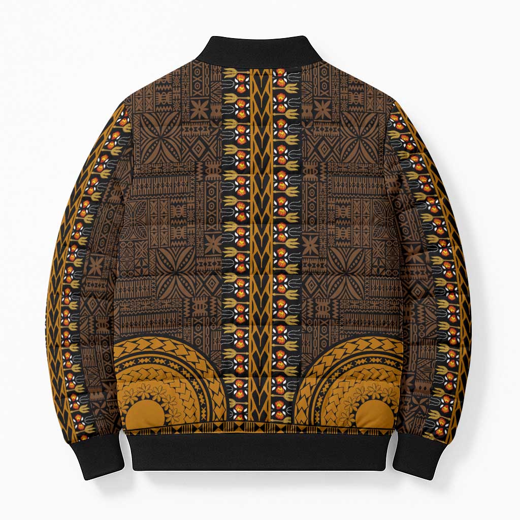 Gold Dashiki and Tapa Pattern Bomber Puffer Jacket Africa-Polynesia Together Culture