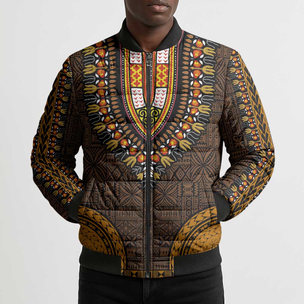 Gold Dashiki and Tapa Pattern Bomber Puffer Jacket Africa-Polynesia Together Culture