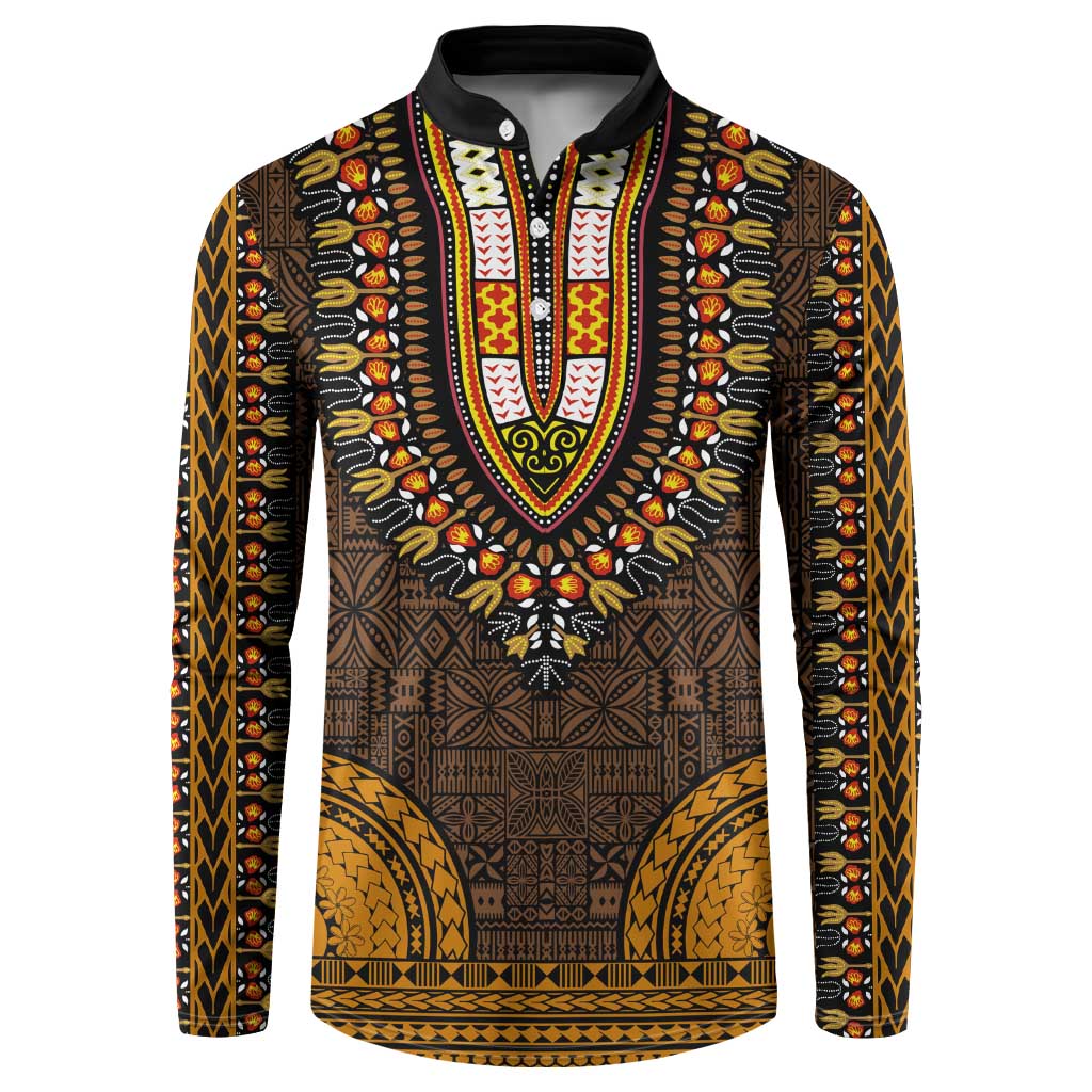 Gold Dashiki and Tapa Pattern Button Sweatshirt Africa-Polynesia Together Culture