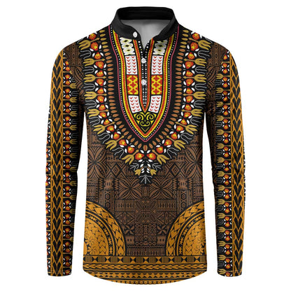 Gold Dashiki and Tapa Pattern Button Sweatshirt Africa-Polynesia Together Culture