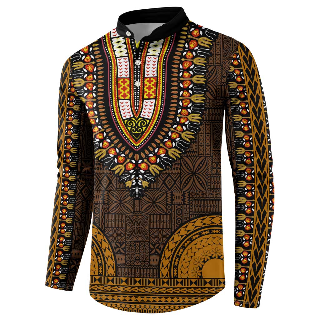 Gold Dashiki and Tapa Pattern Button Sweatshirt Africa-Polynesia Together Culture