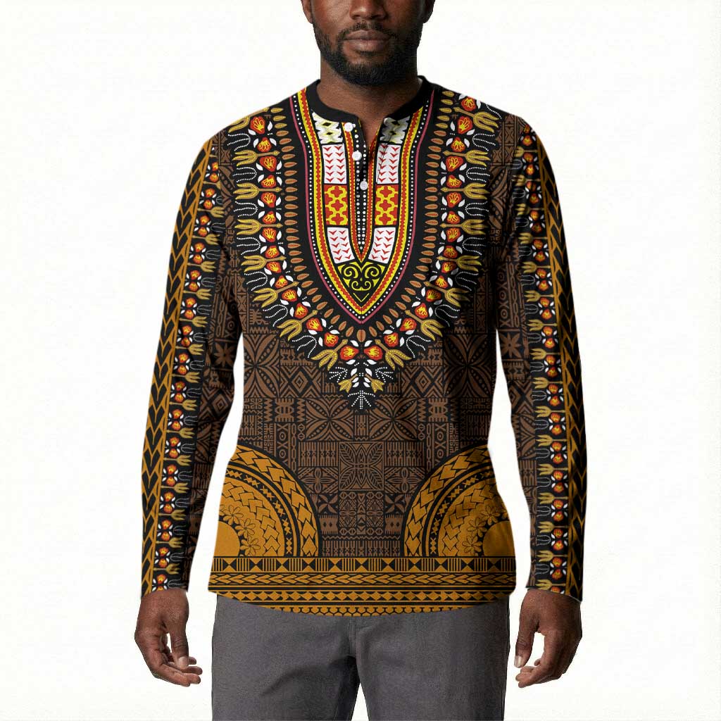 Gold Dashiki and Tapa Pattern Button Sweatshirt Africa-Polynesia Together Culture