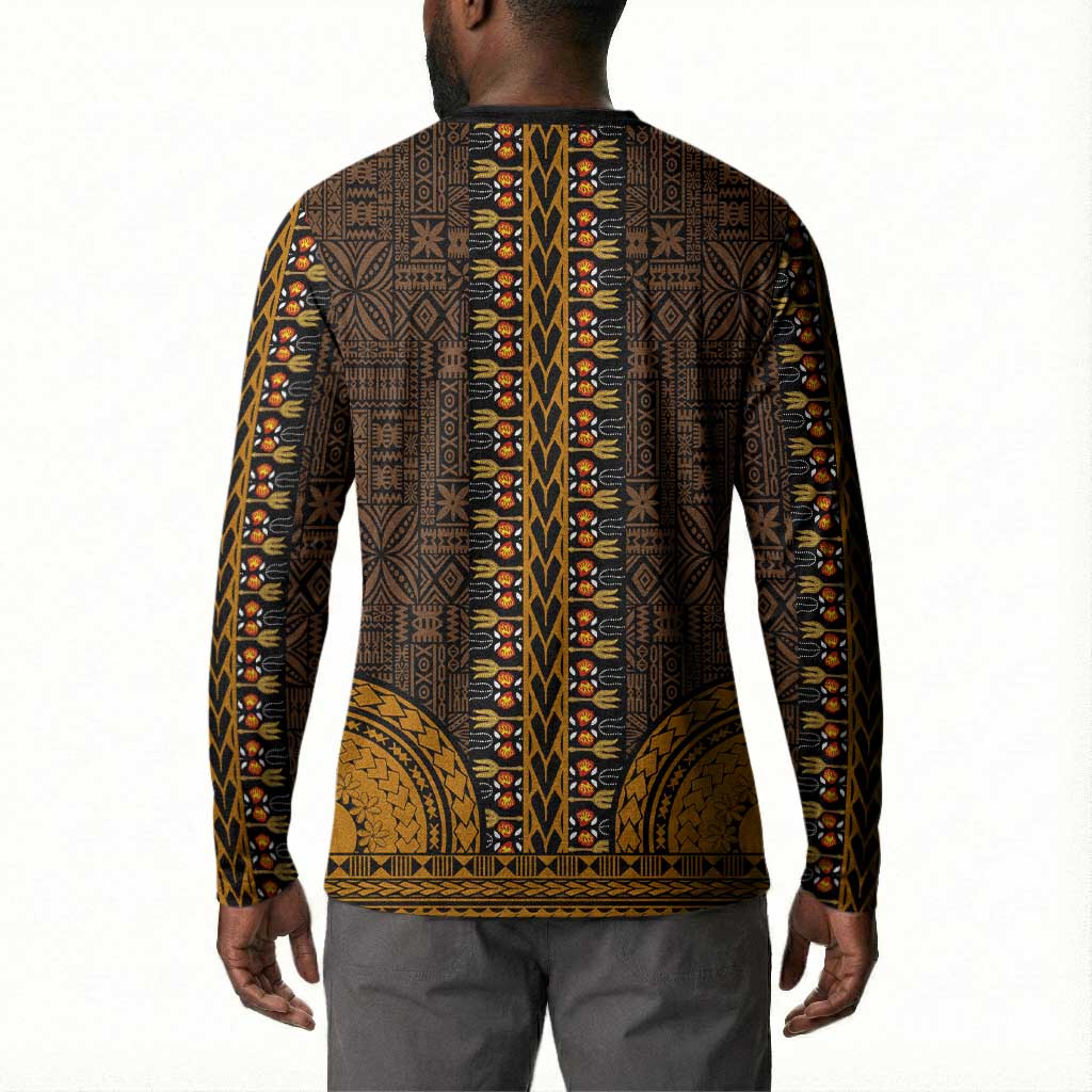 Gold Dashiki and Tapa Pattern Button Sweatshirt Africa-Polynesia Together Culture