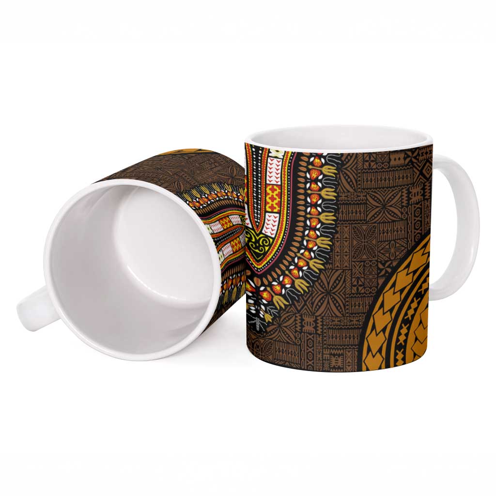 Gold Dashiki and Tapa Pattern Ceramic Mug Africa-Polynesia Together Culture