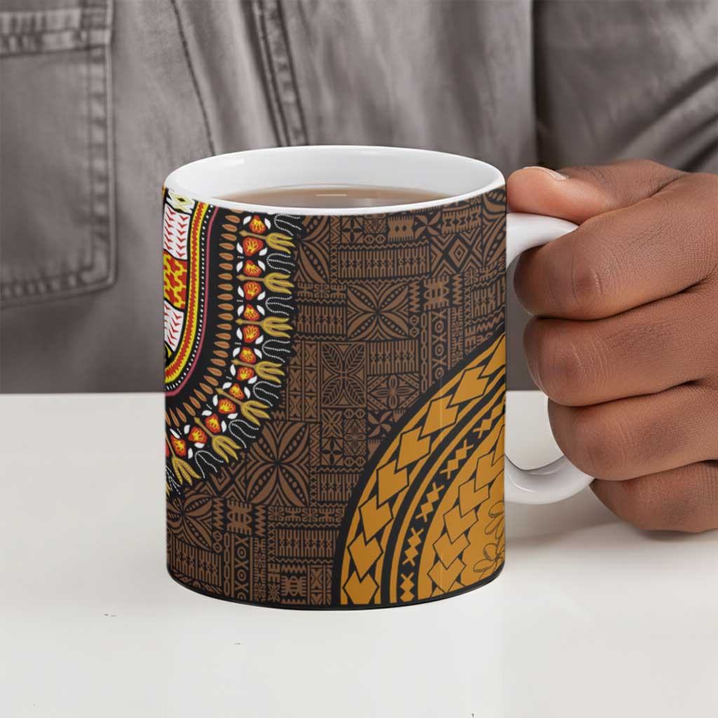 Gold Dashiki and Tapa Pattern Ceramic Mug Africa-Polynesia Together Culture