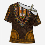 Gold Dashiki and Tapa Pattern Cross Shoulder Shirt Africa-Polynesia Together Culture