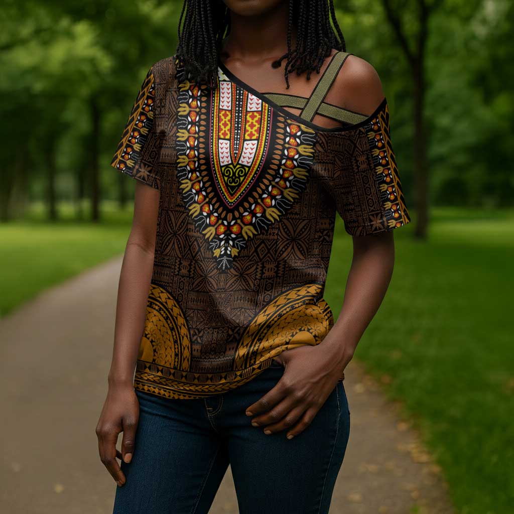 Gold Dashiki and Tapa Pattern Cross Shoulder Shirt Africa-Polynesia Together Culture