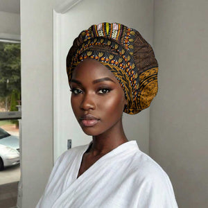 Gold Dashiki and Tapa Pattern Easy Headwrap Africa and Polynesia Together Culture