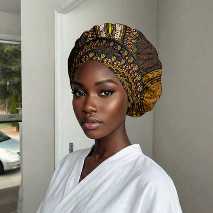 Gold Dashiki and Tapa Pattern Easy Headwrap Africa and Polynesia Together Culture